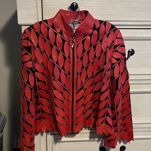 Red leather jacket with leaf detail